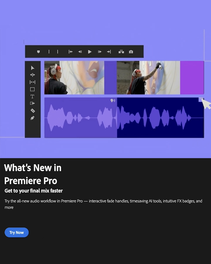 Thumbnail of an Adobe Creative Cloud layout with text stating: What's New in Premier Pro